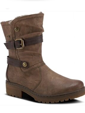 Spring Step Women's Ebariet Olive Green Vegan Leather Zip-up Faux Fur Moto Boot